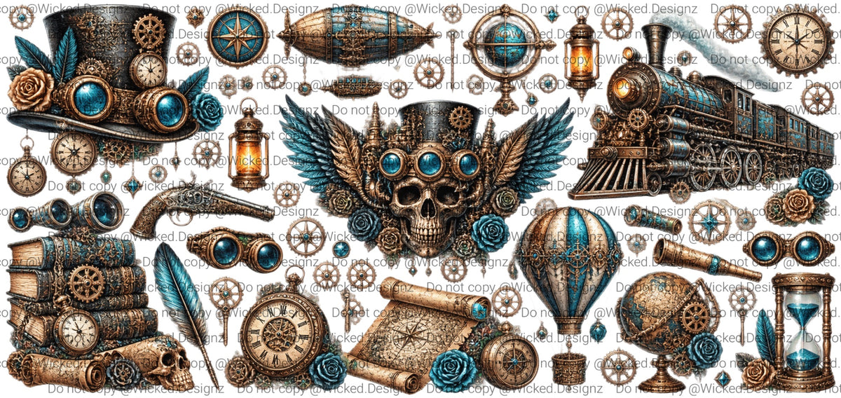 Teal Steampunk Skull UV DTF