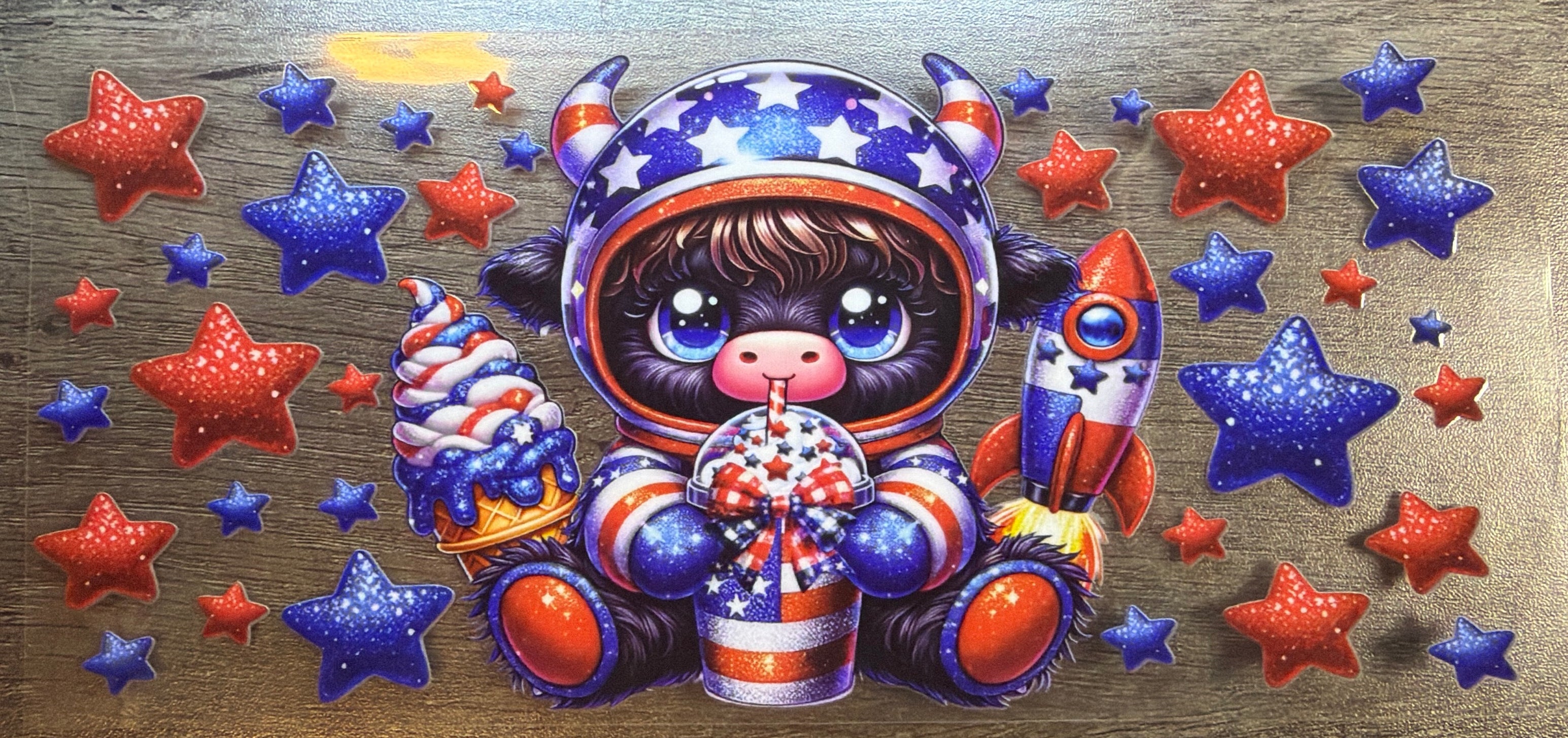 Highland Cow 4th of July Astronaut UVDTF￼