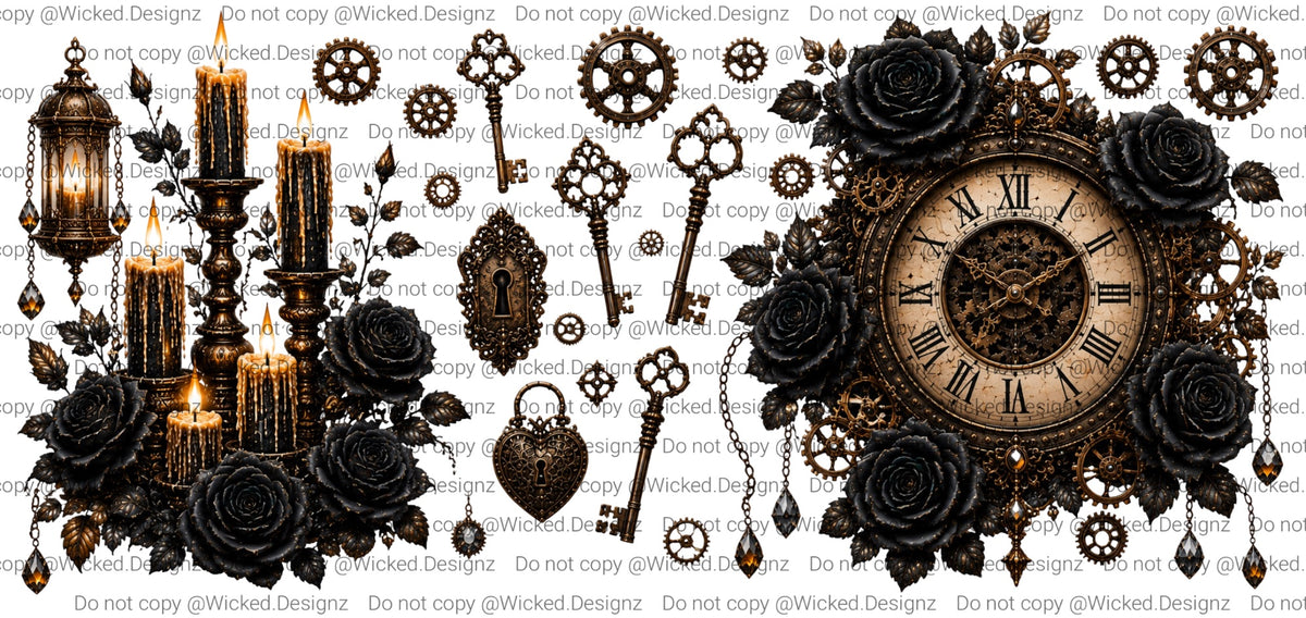 Steampunk Flowers Clock Keys UVDTF
