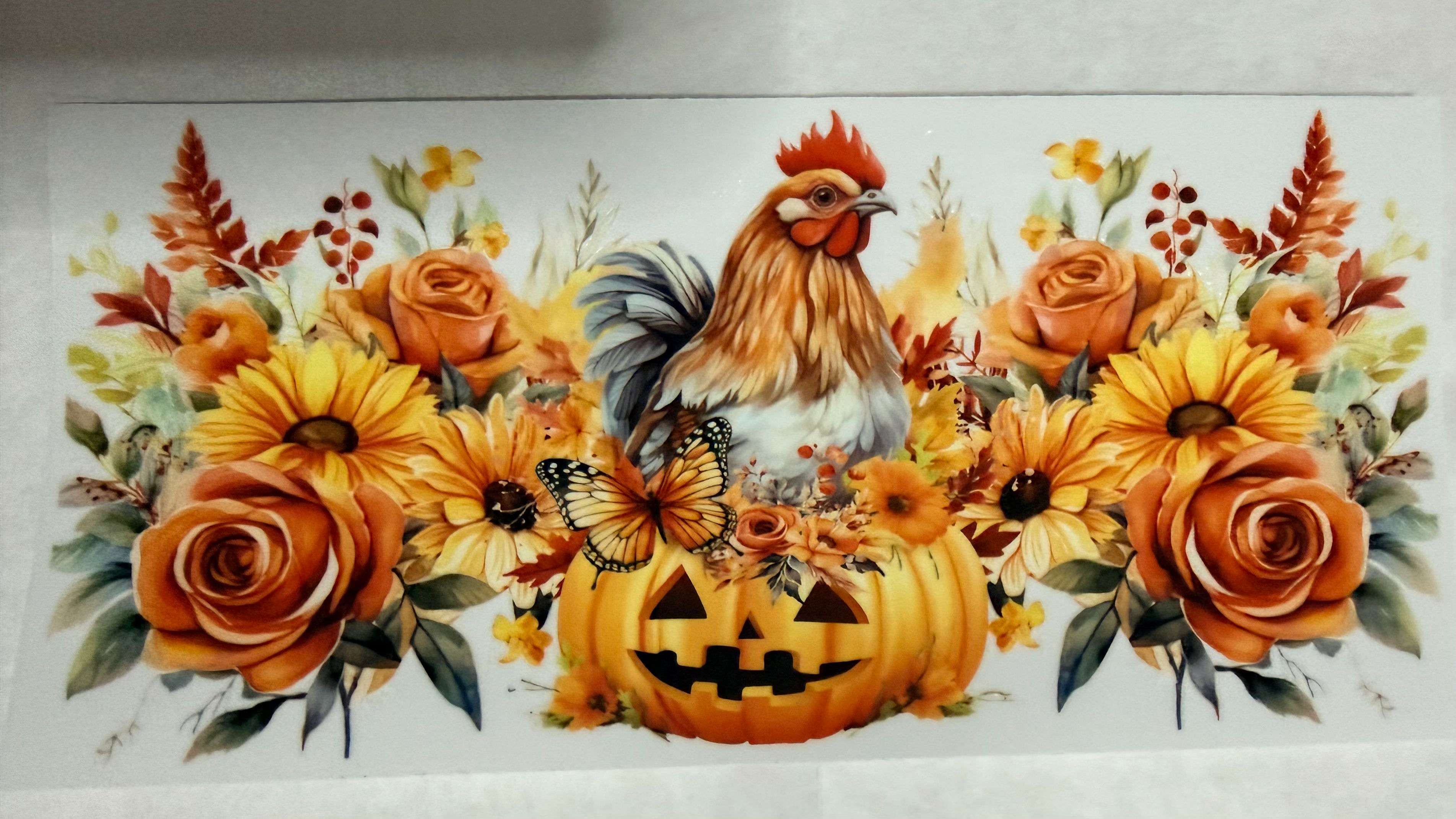 Fall Rooster with pumpkin and flowes