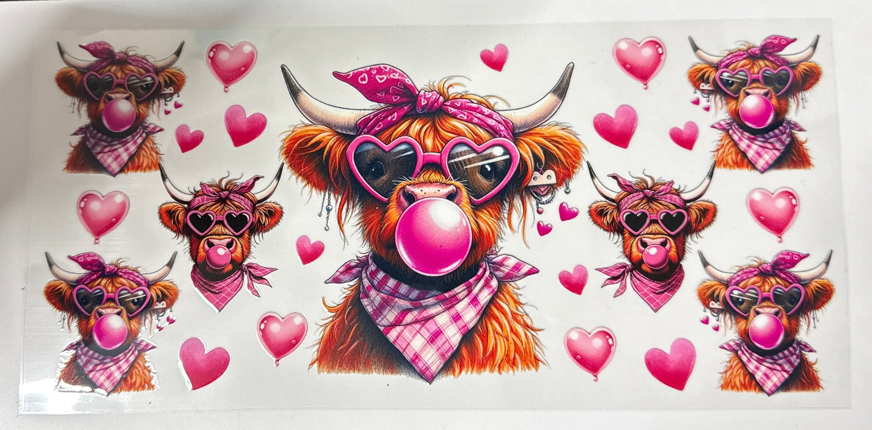 Highland Cow with pink bubble gum and hearts UVDTF WRAP