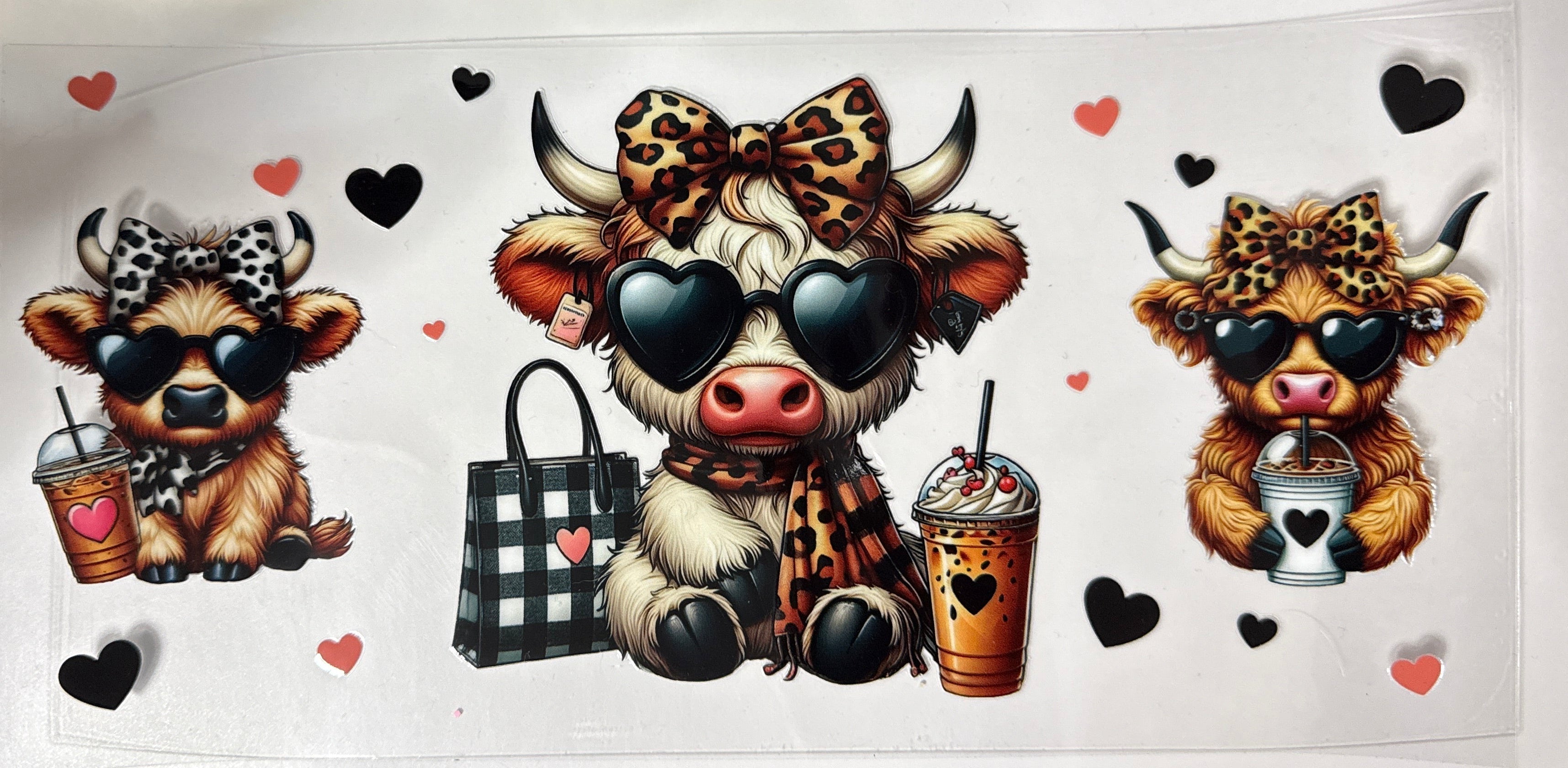 Highland cow with sunglasses and coffee
