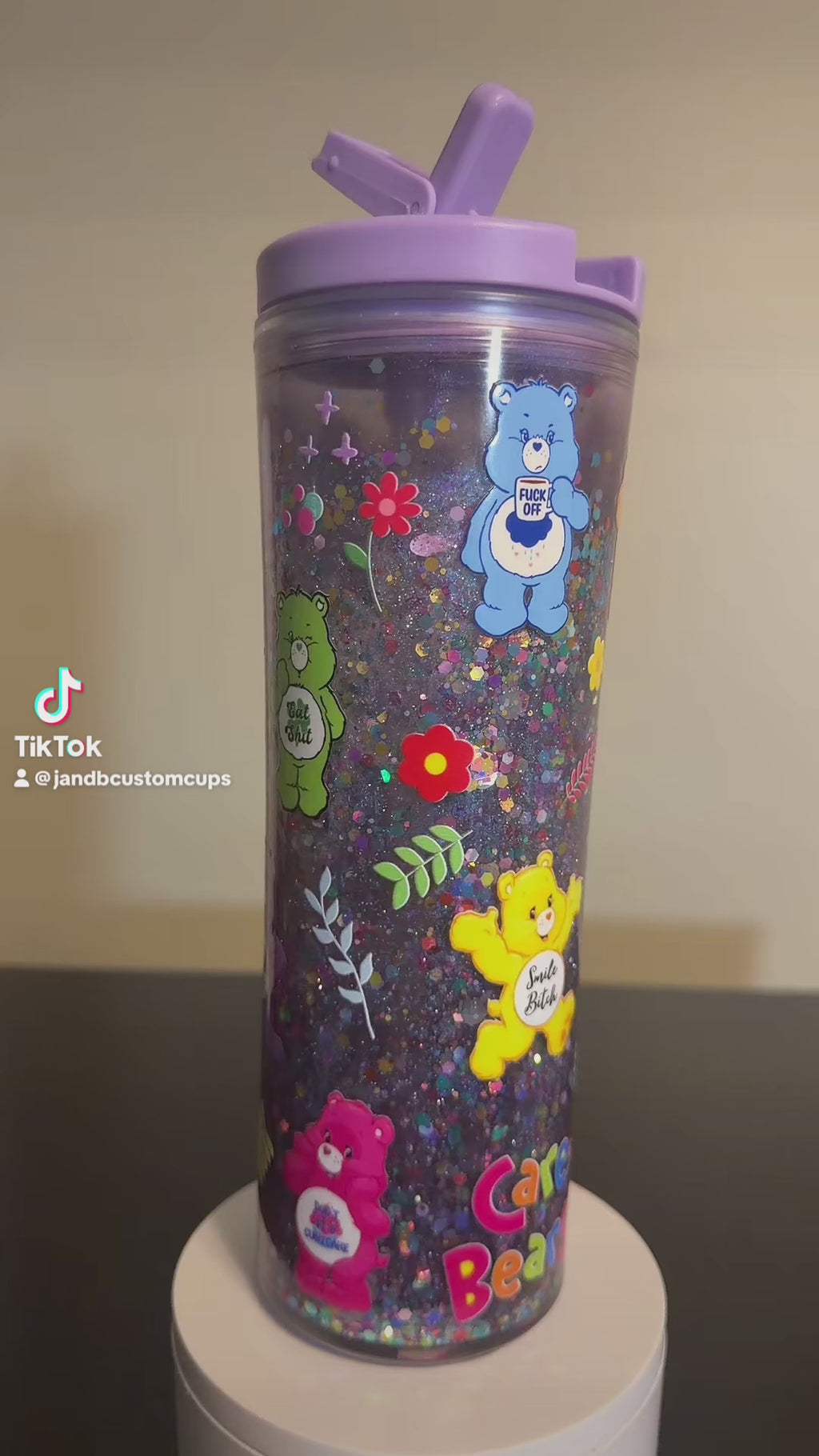 Purple Swear Bear Snowglobe waterfall Water Bottle
