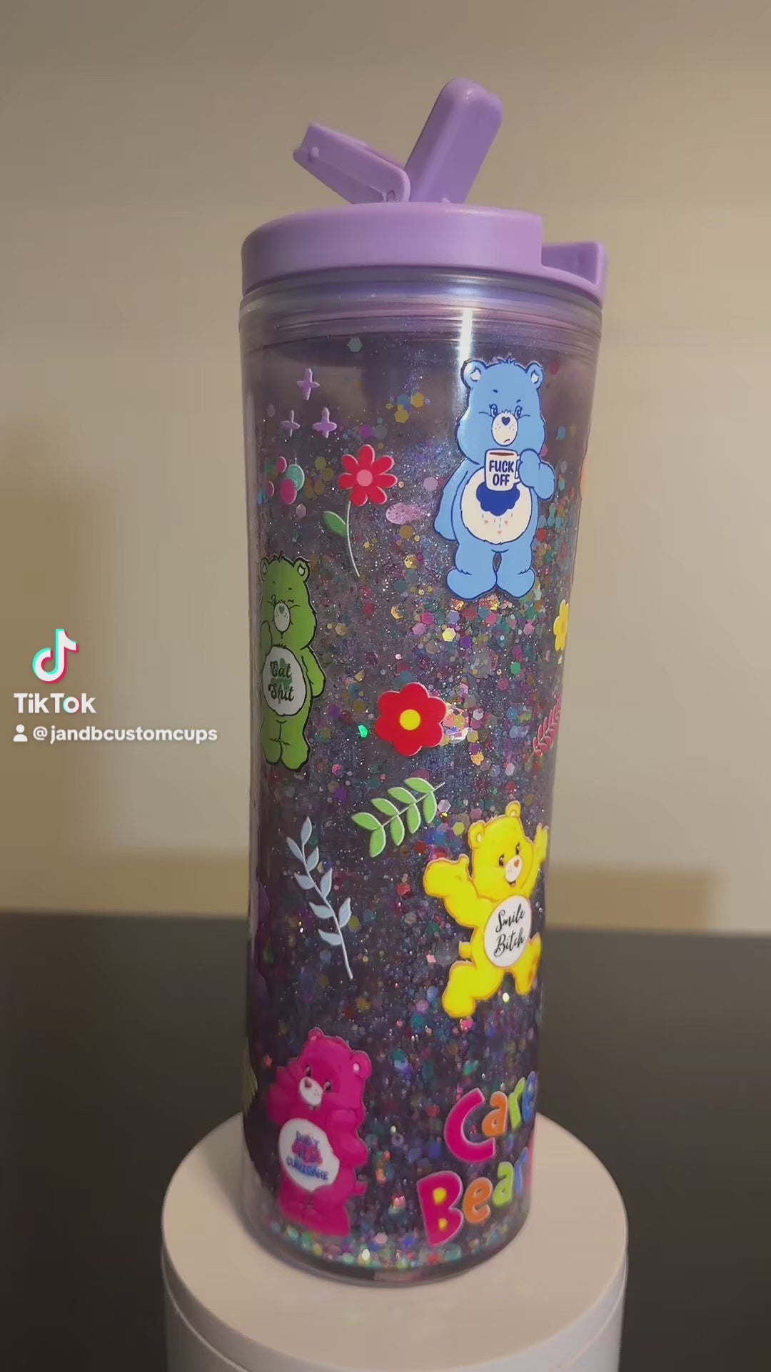 Purple Swear Bear Snowglobe waterfall Water Bottle